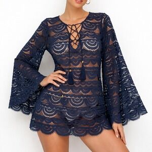 PilyQ Lace Tunic Women XS S Navy Blue Bell Sleeve Tassel Lace Up Cover Up
